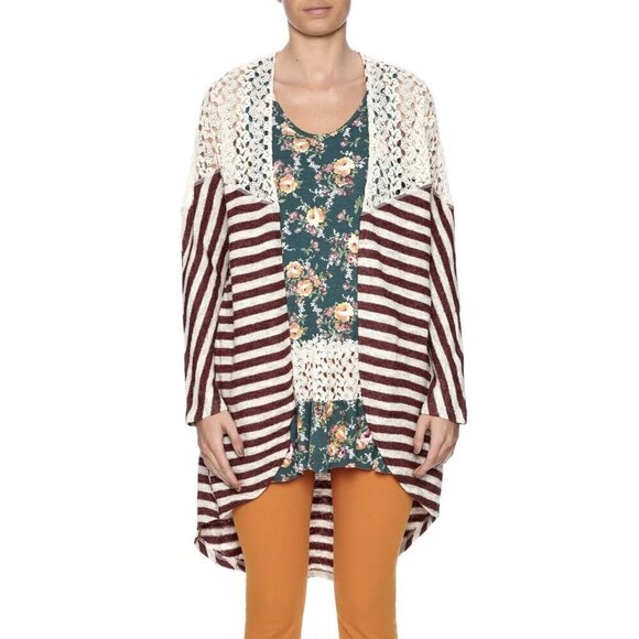Umgee Womens Open Front Crochet Lace Cardigan Duster Open Front Striped Sz M - Picture 1 of 13